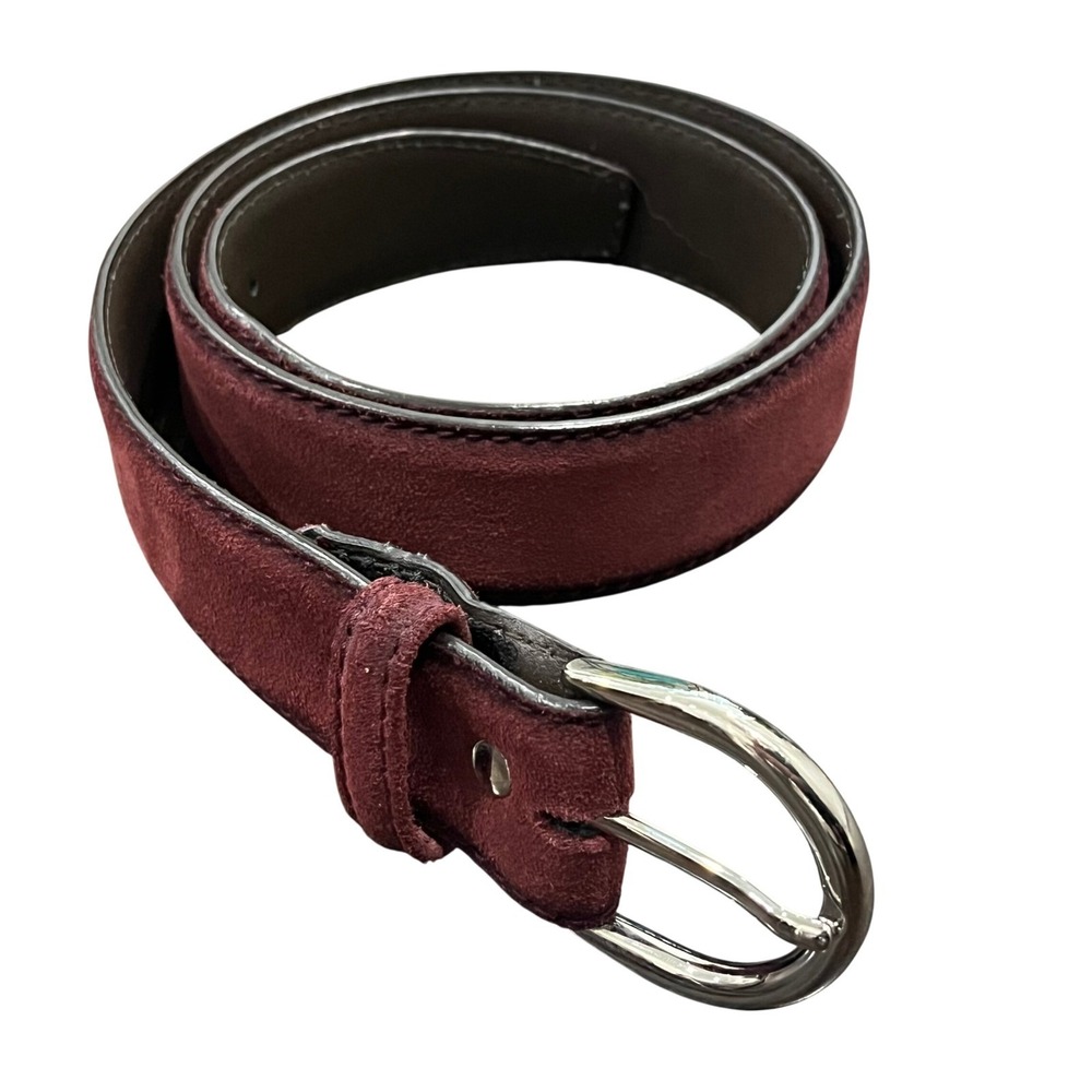 Farnese Suede Leather Belt Mens 38 Burgundy Red Made in Italy Silver Buckle